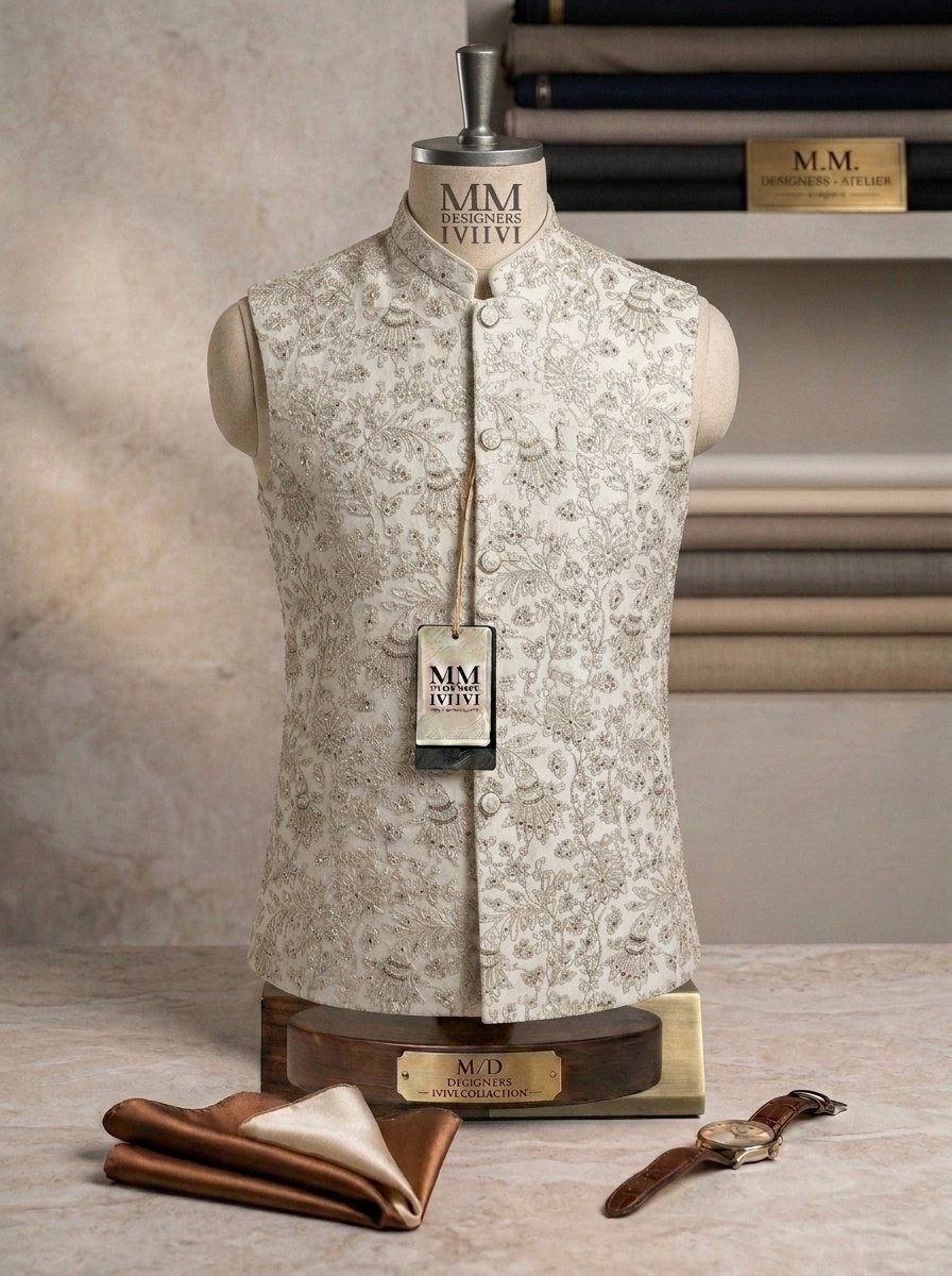 Golden Cream Embroidered Waistcoat
